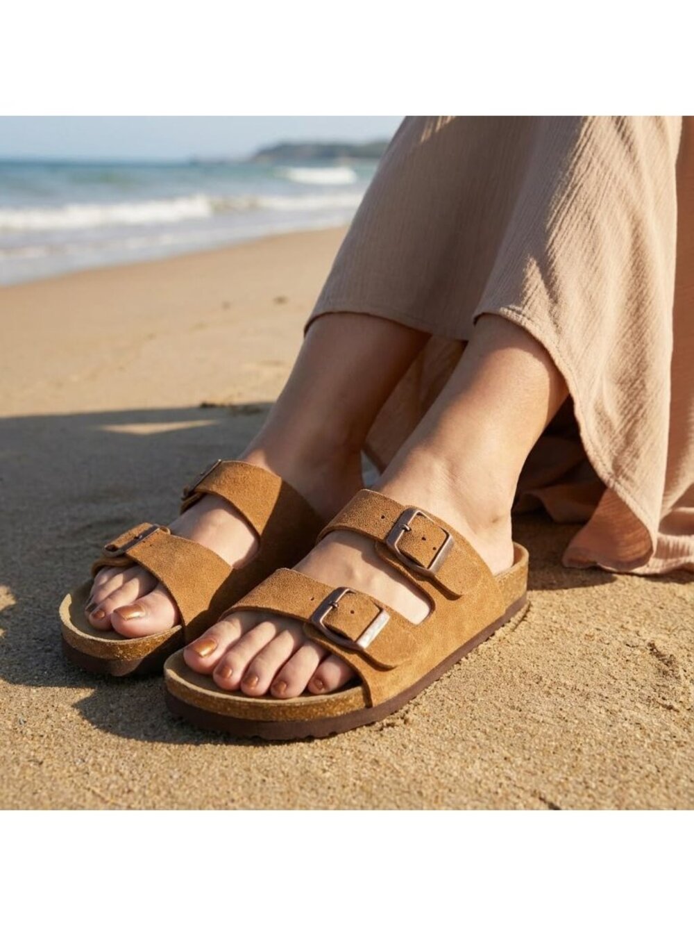 Women's Tan Suede Footbed Sandals Comfort Double Buckle Two Strap Flats Shoes - Picture 5 of 6